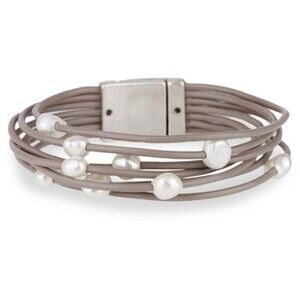 Saachi Wrap Bracelet White Freshwater Pearl Taupe Leather Magnet Clasp NWT‎